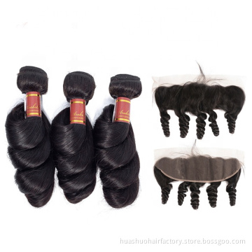 Malaysian Loose Wave Cuticle Aligned Hair Ear To Ear Lace Frontal With Bundles